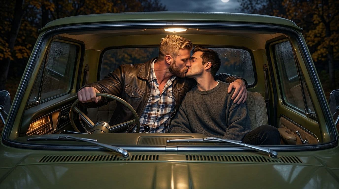 AI generated: The scene is from the front. In an Autumn night, the model is driving a vintage Ford olive green pic...