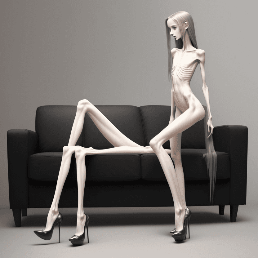 AI generated: naked girl  very skinny anorexic legs with anorexic calves  in high heels, high heels, the tips of t...