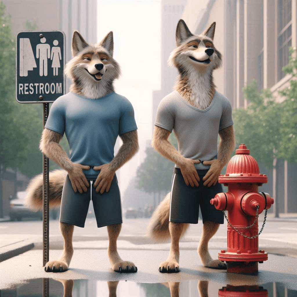 AI generated: Close-up professional cinematic 3D animation of two long-furred coyotes in gym shorts and shirts sta...