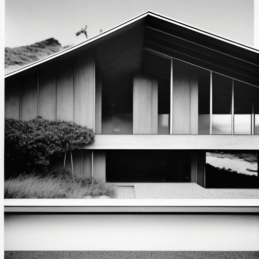 AI generated: outside view of a concrete and oak mid-century modern beach house designed by Ray Kappe, sitting on ...