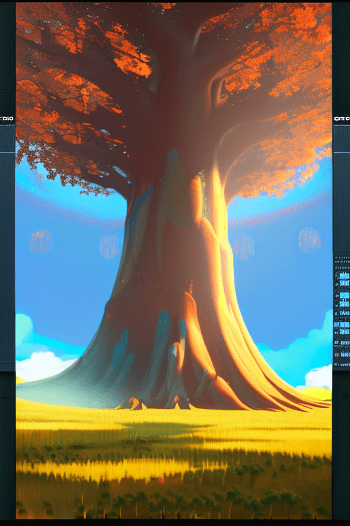AI generated: a massive tree in the center of the frame with metaverse around it.  Earth life is based off this tr...