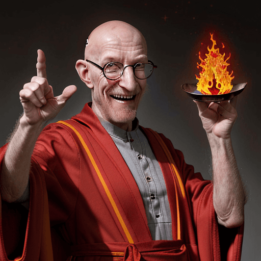 AI generated: professor  Farnsworth, realistic, dressed in red robes covered in mystic symbols stars and moons, ba...