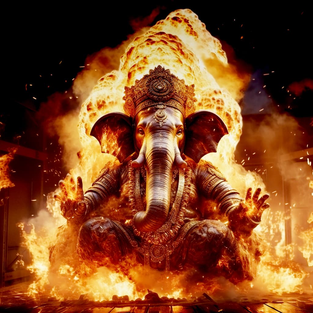 AI generated: ganesha sitting, chaotic fire explosion, indian mythology, angry expression, fierce eyes, fire rain,...