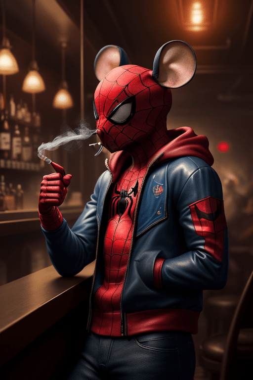 AI generated: A mouse is smoking in a bar, hyperrealistic futuristic,wearing spiderman jacket, 8k, artstation