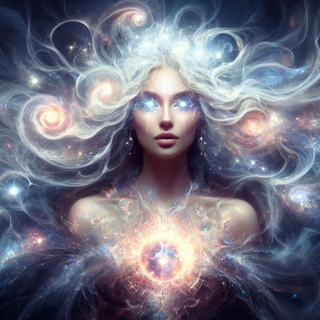 AI generated: Create an ethereal and luminous digital artwork featuring a cosmic woman named Seraphina. She is a c...