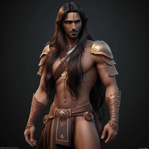 AI generated: Very handsome man, dark complexion, dark long hair, thirty years old, He wears a short loin cloth, M...