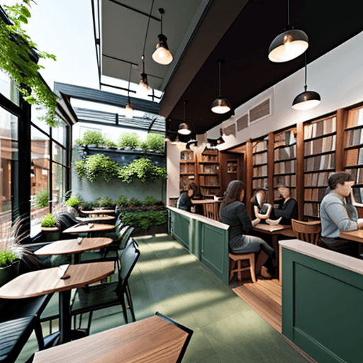 AI generated: Interior and exterior design of a coffee shop with the characteristics of adapting to books and usin...