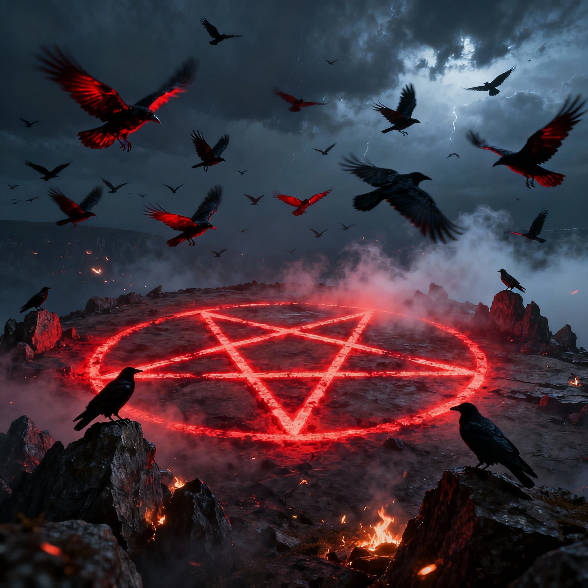 AI generated: A desolate rocky plateau at night under a stormy sky, a massive glowing red pentagram carved into th...