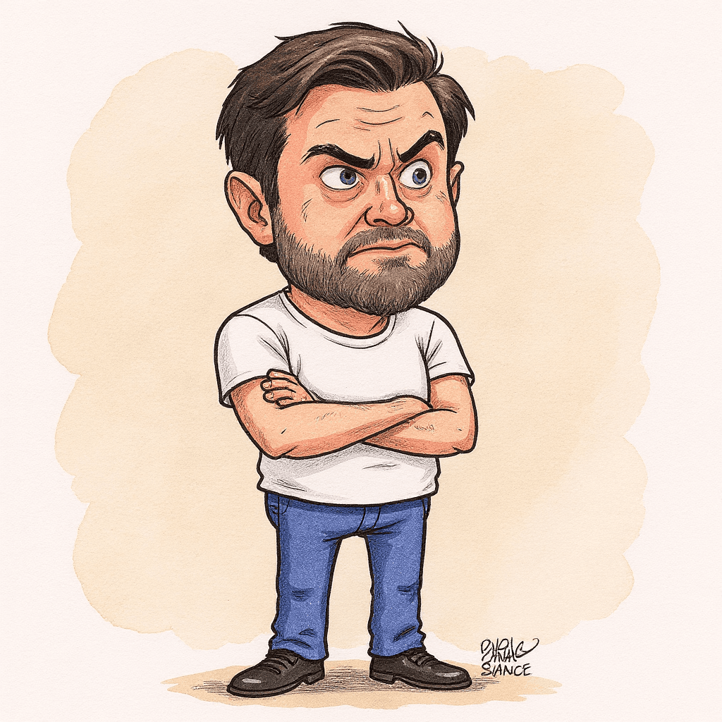AI generated: a whole body view of a crazy funny cartoon style of JD Vance, chubby face, a lanky, thin body standi...