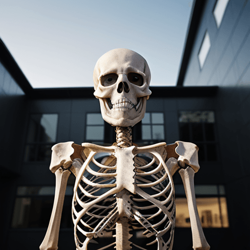 AI generated: Hyper realistic eye level exterior photo of a skeleton 