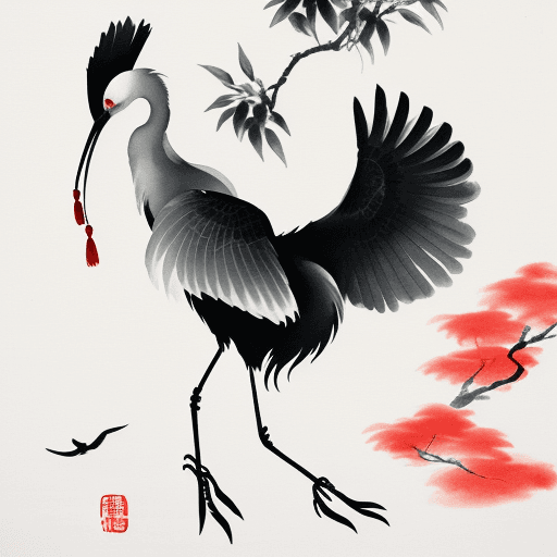 AI generated: crane bird, ink painting, japanese, china, color, ink