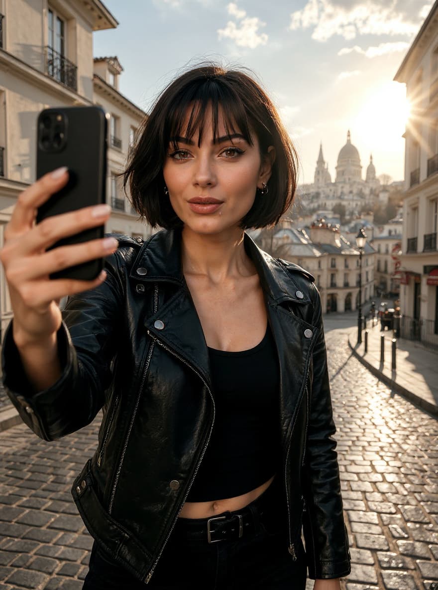 AI generated: Ultra-realistic selfie photo of a stylish European woman in Montmartre, Paris. She has fair skin, wa...