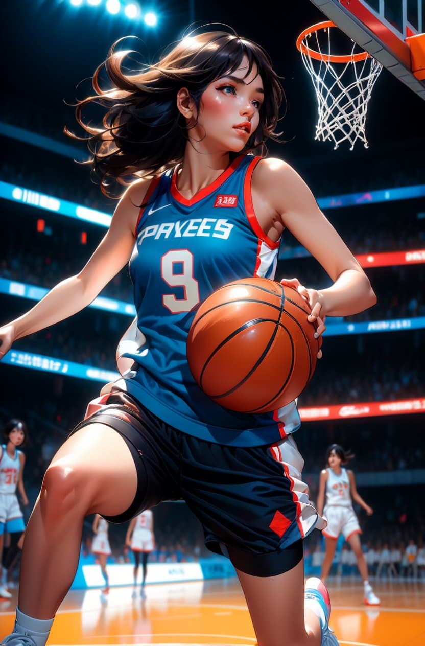 AI generated: a ultradetailed beautiful panting of a woman dribbling a basketball, by conrad roset, greg rutkowski...