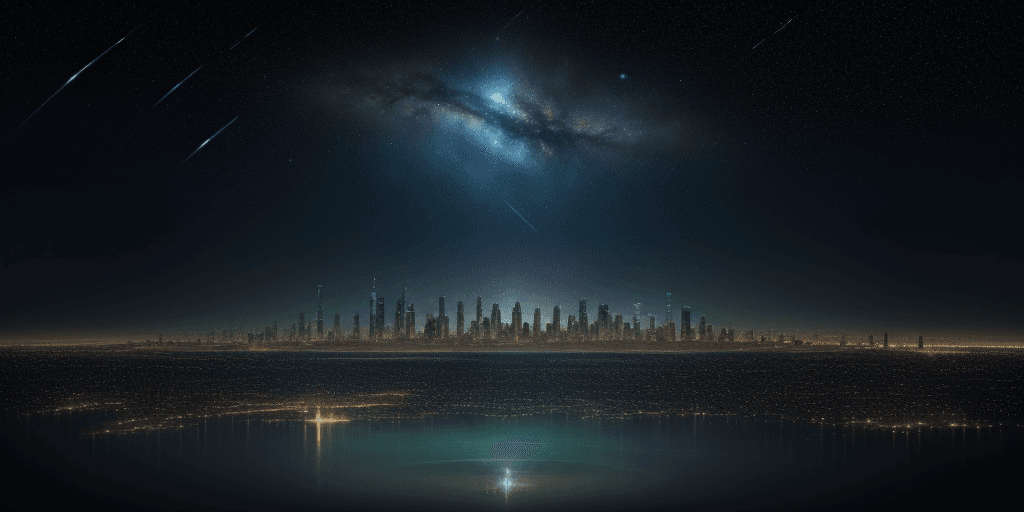 AI generated: constellation cosmic skyline, interplanetary skyline advanced alien city. Peaceful tranquil body of ...