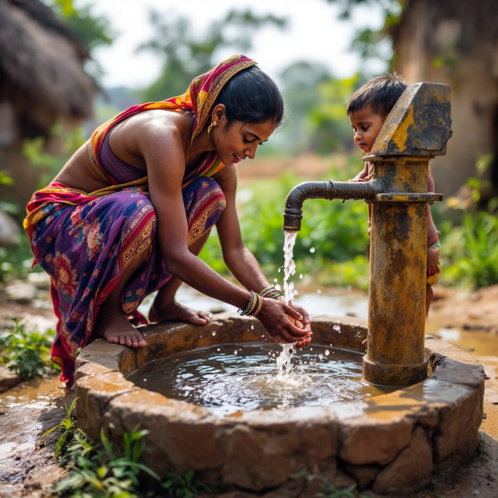 AI generated: A small Boy and his mother extracting water from a well, in a poor Indian village