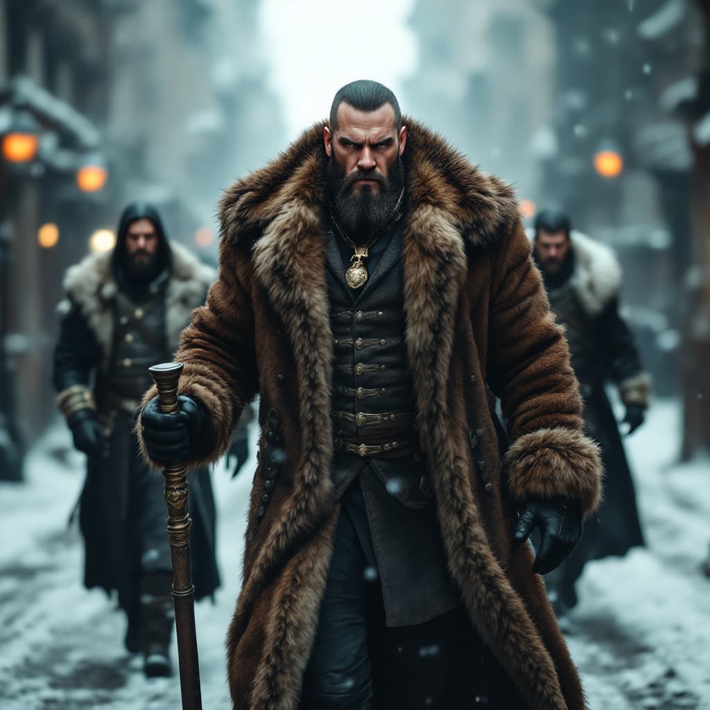 AI generated: A rich strongman, holding a mace in his hand, dressed in an expensive fur coat, walks down the stree...