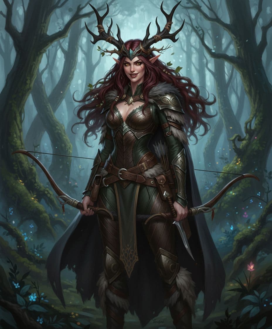 AI generated: female huntress, female bandit, female elf, long bow, arrows, fantasy style art, messy hair, dressed...