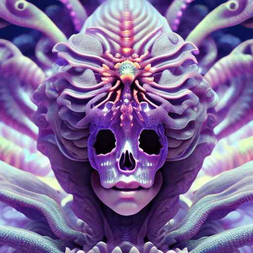 AI generated: Goddess close-up portrait ribcagel. jellyfish phoenix head, nautilus, orchid, skull, betta fish, bio...
