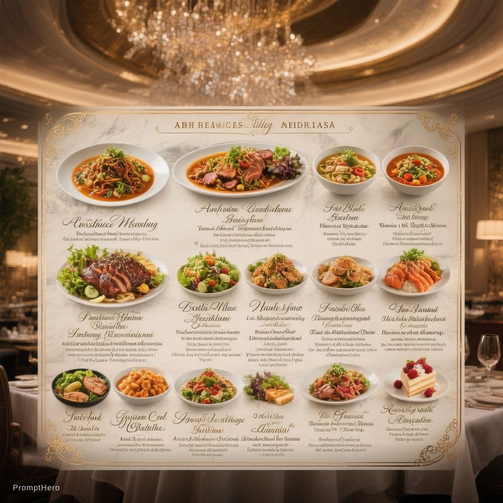 AI generated: Create a detailed menu for a luxurious 5-star hotel restaurant featuring a diverse selection of up t...
