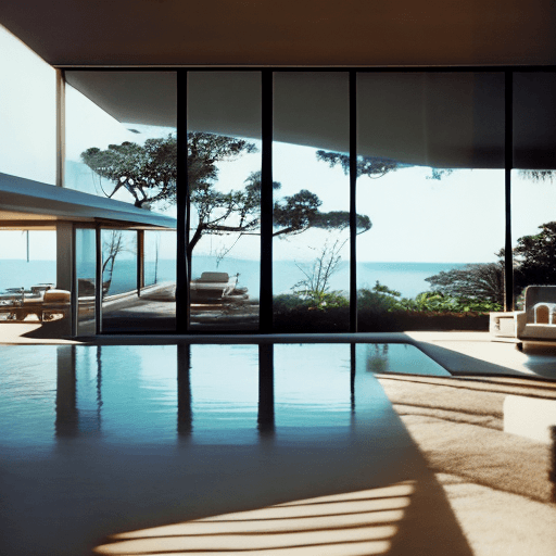 AI generated: Hyper realistic eye level exterior photo of a mid century modern style house overlooking the ocean, ...