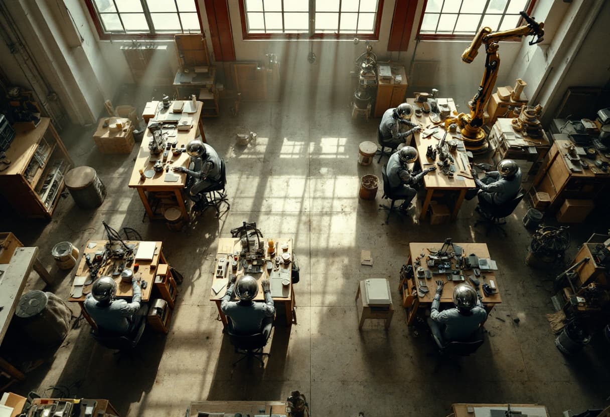 AI generated: A highly detailed cinematic overhead shot capturing a workshop with multiple workstations. At each w...