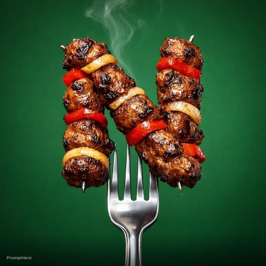 AI generated: Photograph of the letter “N” made from shashlik, skewered on the tip of a fork. The fork is position...