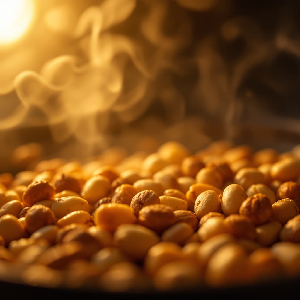 AI generated: Prompt: A close-up shot inside an oven, showing nuts being roasted at a low temperature. The nuts gr...