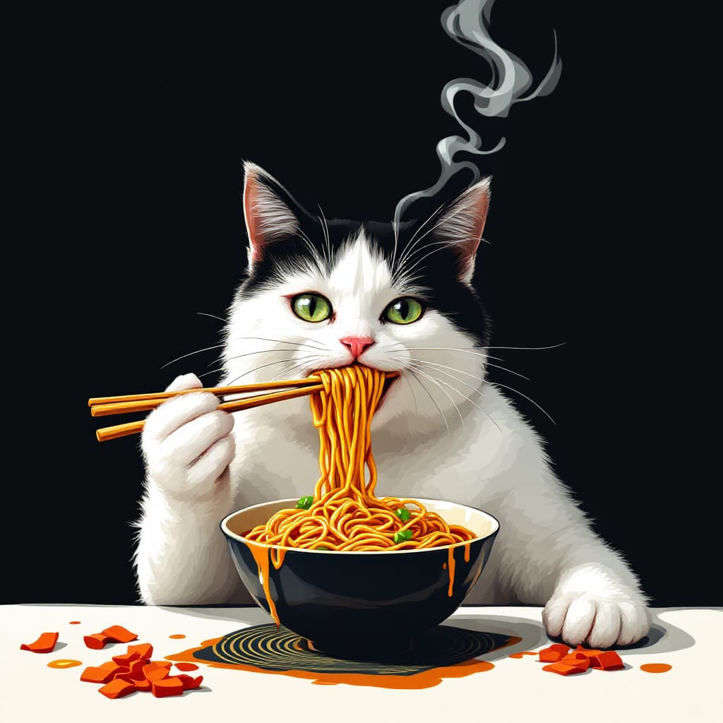 AI generated: a cat eating ramen noodles with chop sticks 
