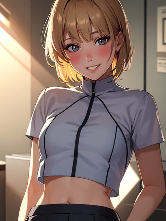 AI generated:  realistic,portrait, 1girl, crop top, blonde hair, dark eyes, glowing eyes,skirt, parted lips, blush...
