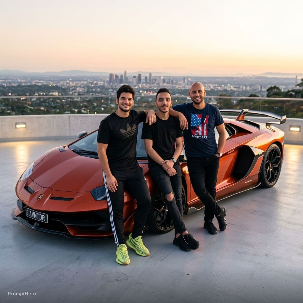 AI generated: Make us standing confidently and leaning on a luxury Lamborghini Aventador 