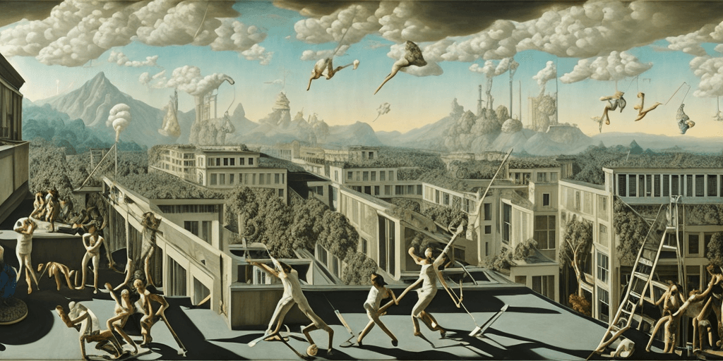 AI generated: painting, rooftop, neo rauch, painting with incomparable reality, intricate details