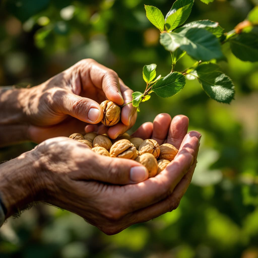 AI generated: A close-up of a weathered farmer’s hand carefully picking a ripe walnut from a tree branch, surround...