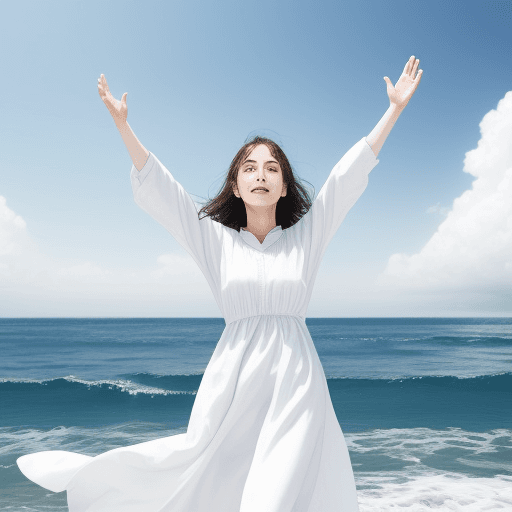 AI generated: woman in white clothes hands raised in front of the sea