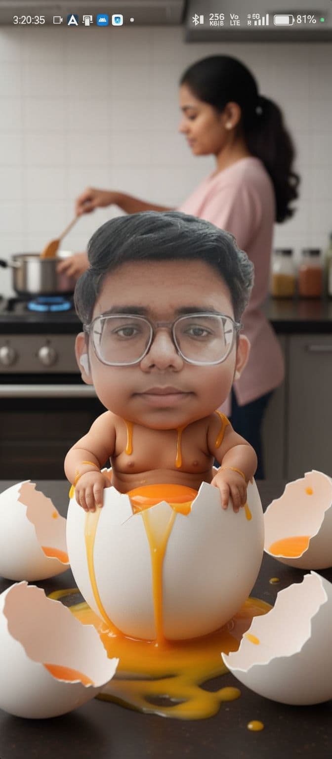 AI generated: Realistic-caricature of a big-headed baby with the face of an Indonesian adult man emerging from a n...