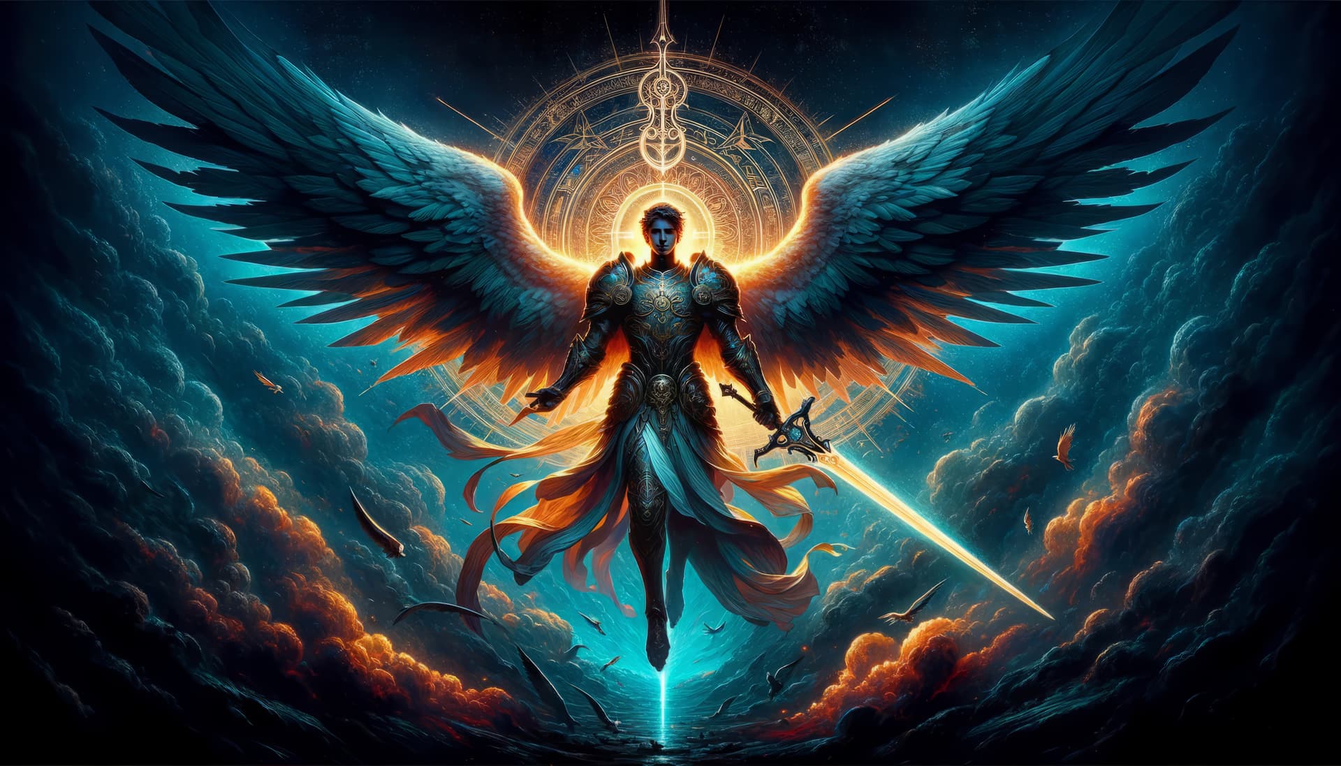 AI generated: Retain the vibrant colors and the stark contrast between darkness and light in the image of Archange...