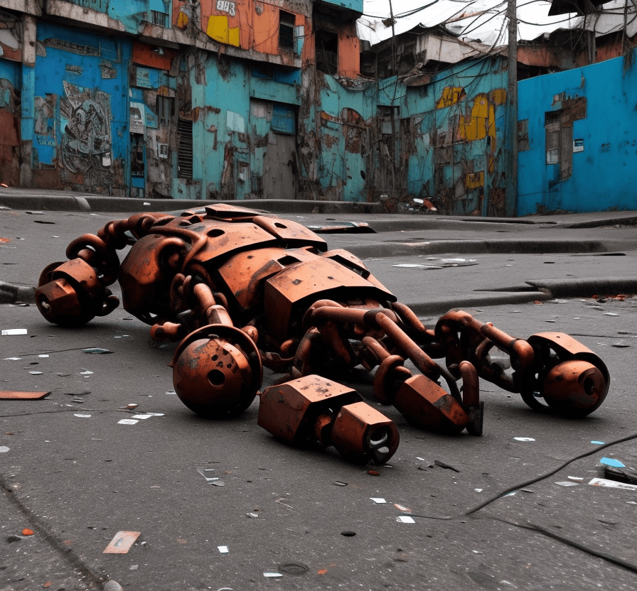AI generated: a  lost  rusted big robot  is dead. It is lying on its back on  the ground in the street in a  favel...