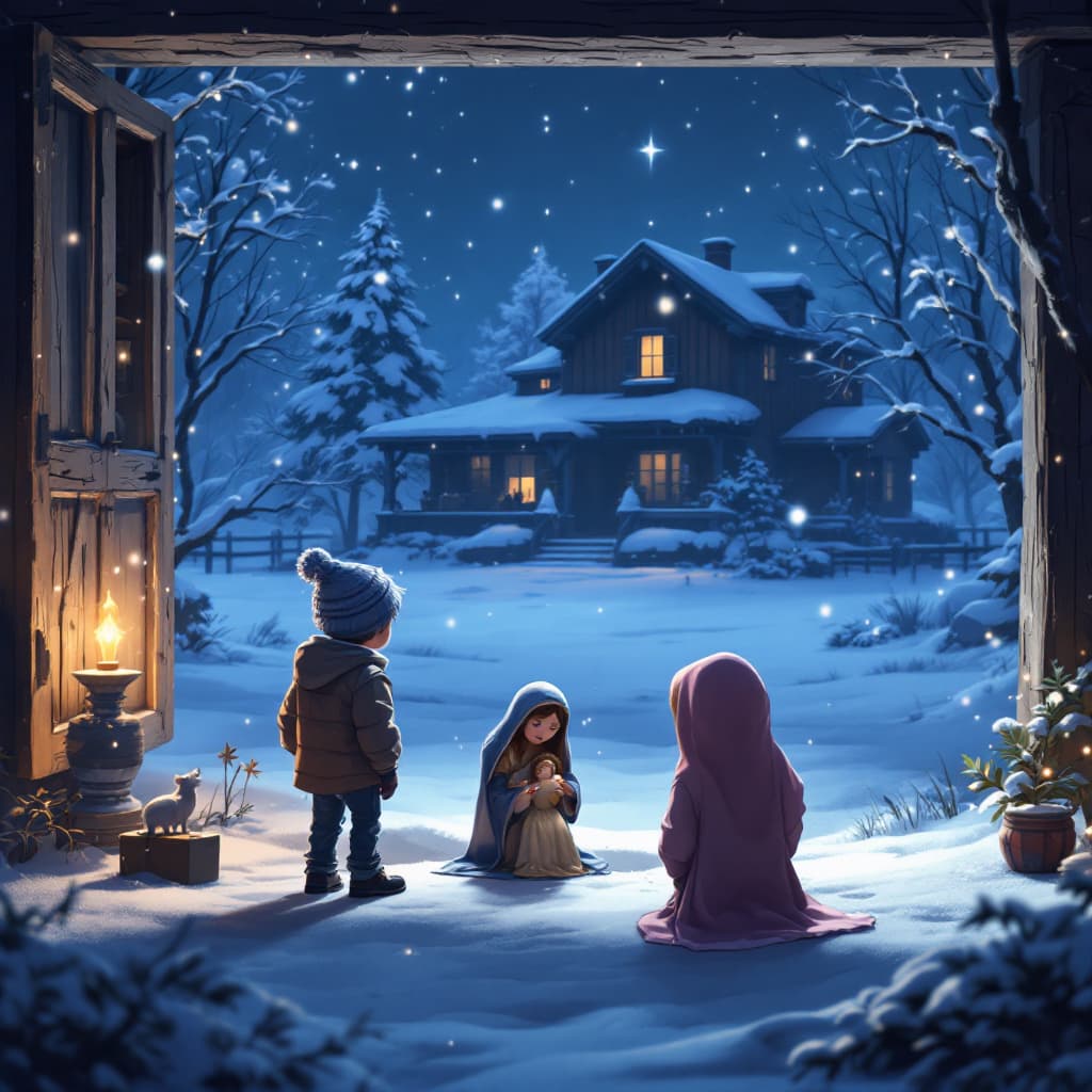 AI generated: An animated Arcane League of Legends image of a serene winter scene unfolds in front of the farmhous...