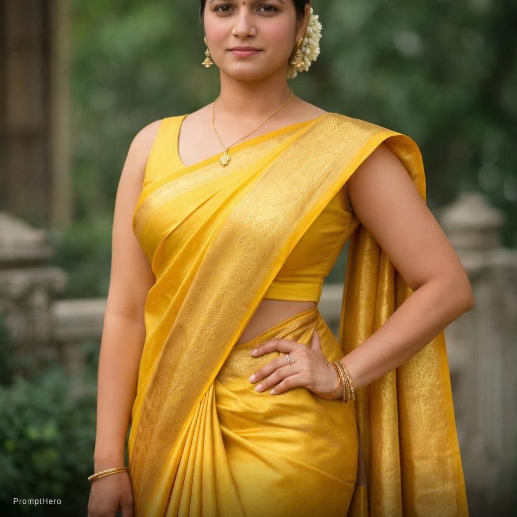 AI generated: A aunty  wearing yellow reshmi  saree with sleeveless  blouse  and navel clearly looks 