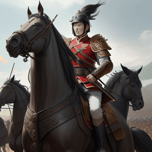 AI generated: "A majestic and dramatic scene depicting General Eulji Mundeok of Goguryeo leading his troops to a h...