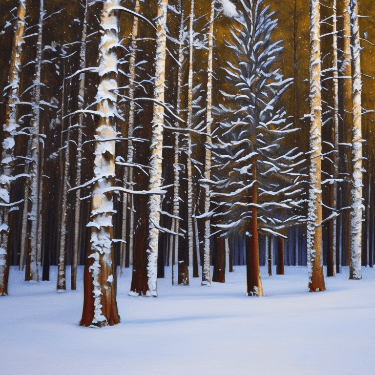 AI generated: an oil painting of some trees in the snow, shutterstock, american scene painting, spruce, pine and b...