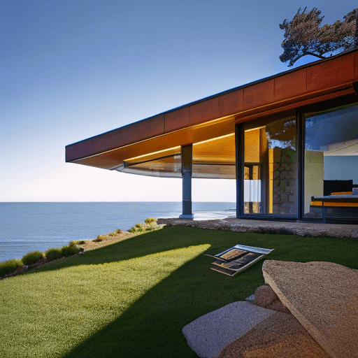 AI generated: Hyper realistic eye level exterior photo of a mid century modern style house overlooking the ocean, ...