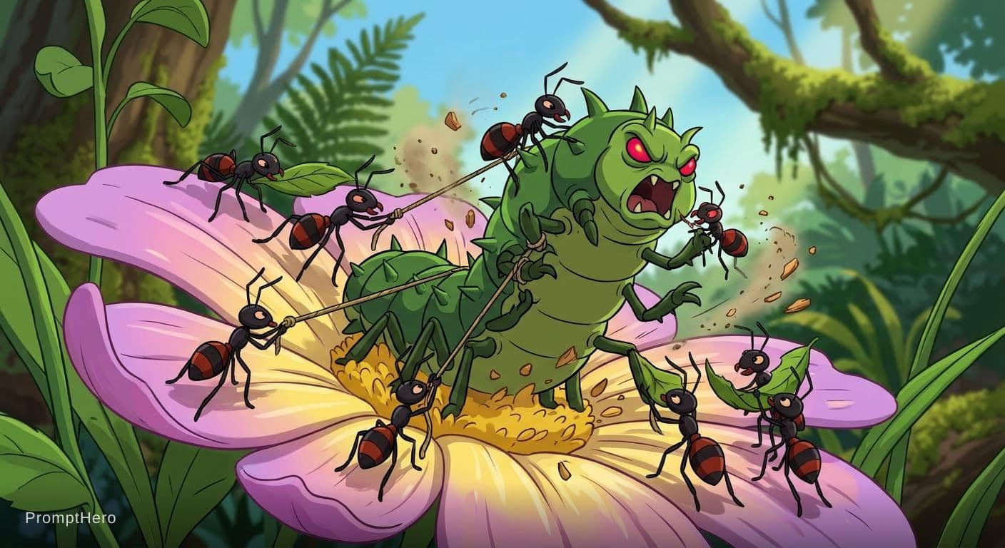 AI generated: An animation of several ants working together to defeat a giant villain in a flower.