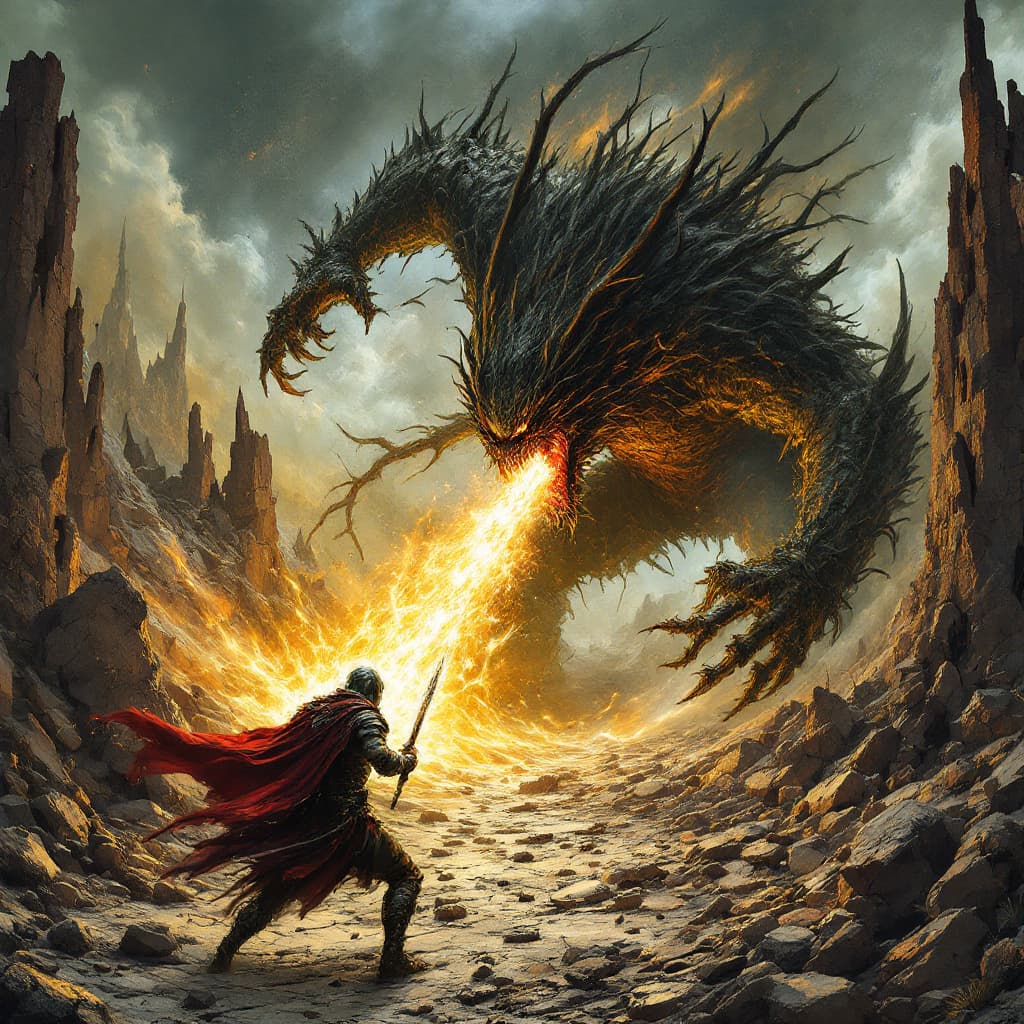 AI generated: This image depicts a dramatic battle between a lone warrior and a monster amidst a shattered, desola...