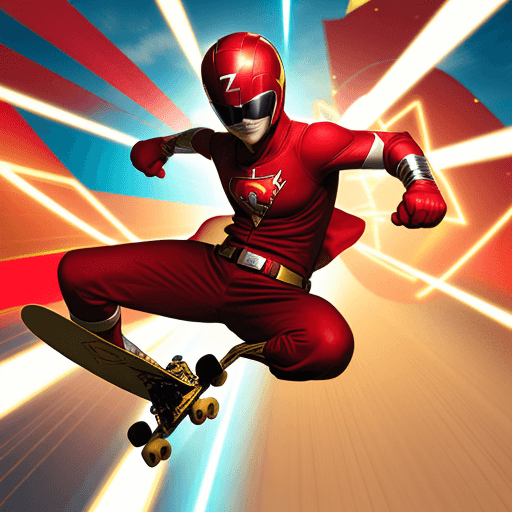 AI generated: a red suited superhero, with a power ranger helmet baseball cap backwards,wearing sunglasses, gold b...