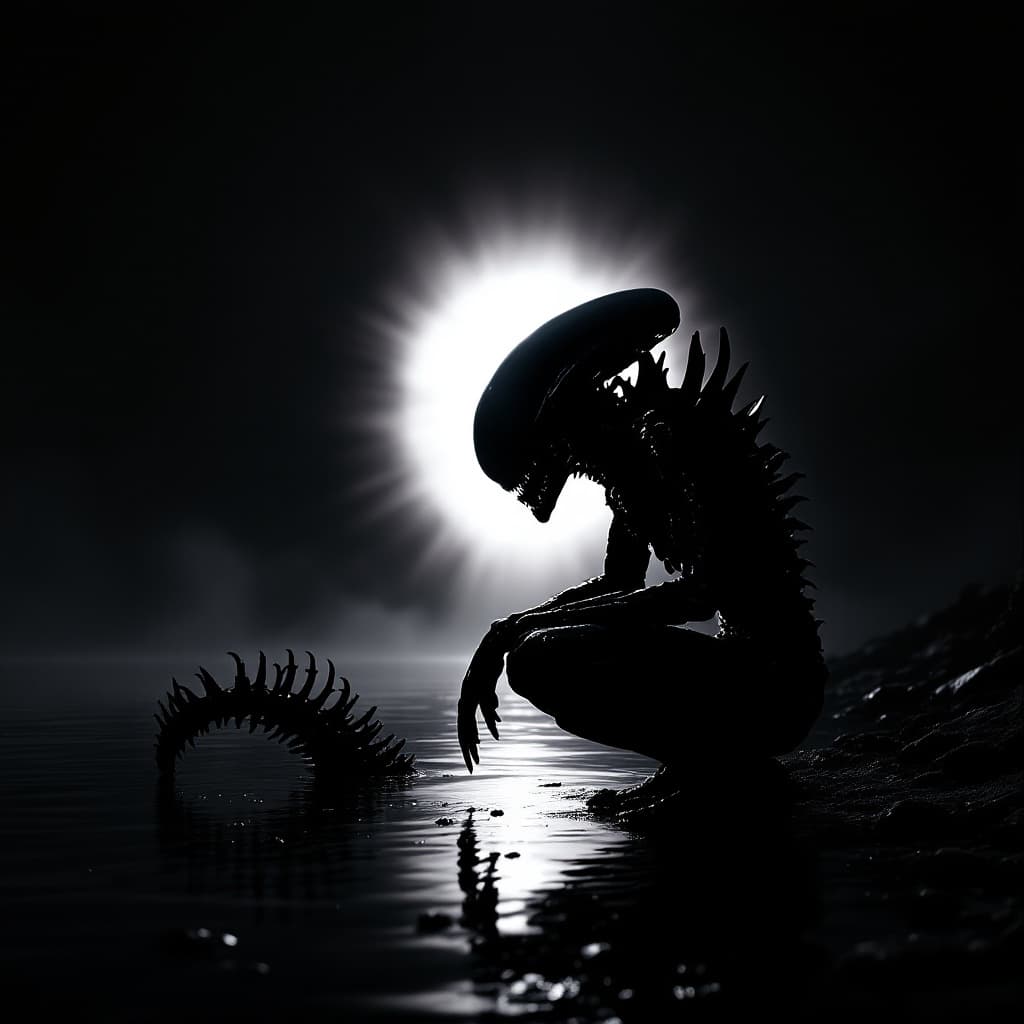 AI generated: Silhouette of an xenomorph crouched in a melancholic pose by a body of water.  Dark, brooding tones ...