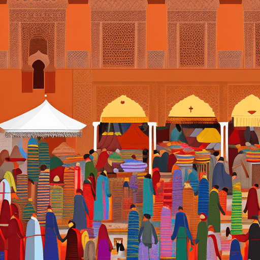 AI generated: A crowded bazaar in Marrakesh as the evening calls to prayer sound, textured acrylics, vector graphi...
