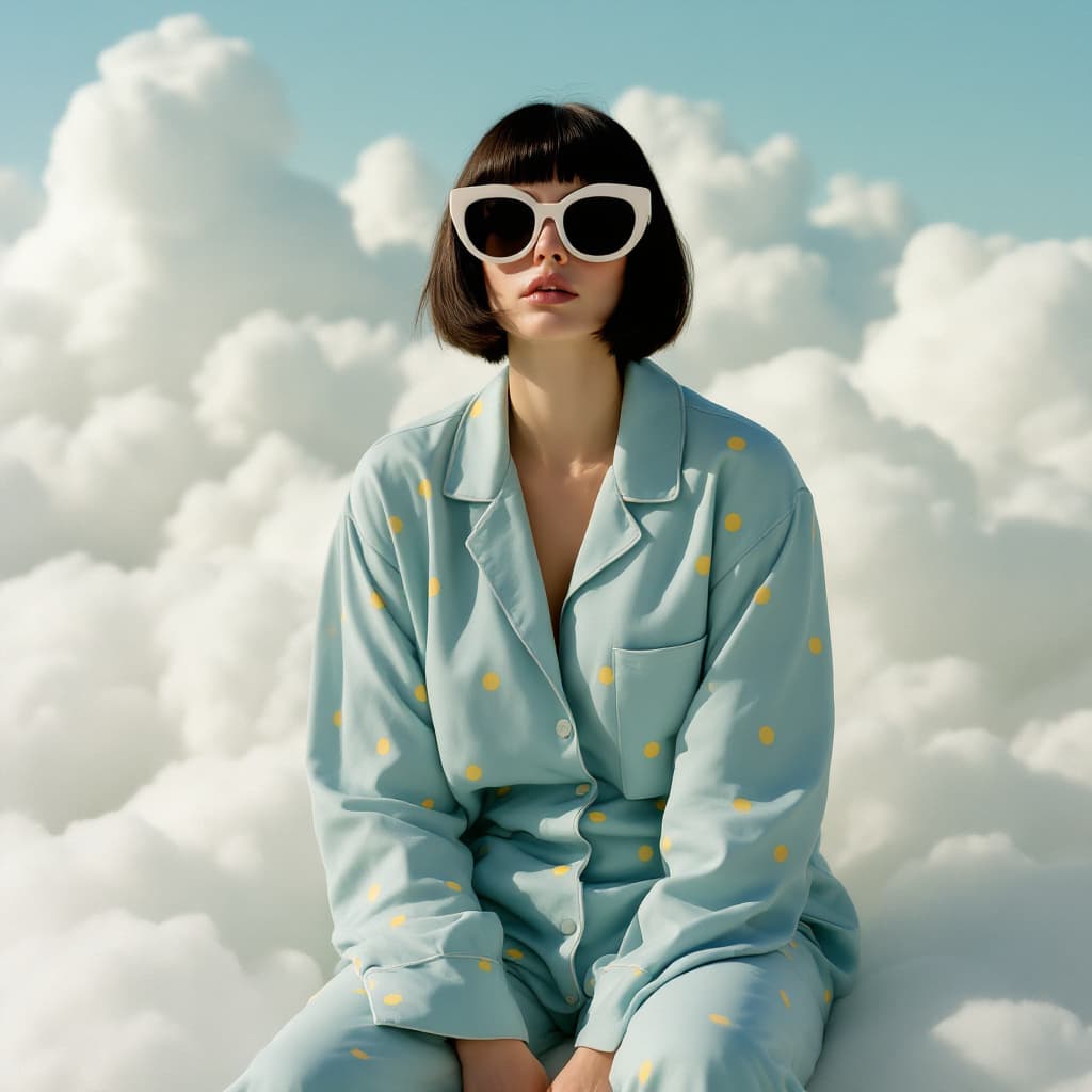 AI generated: A photo of an eccentric woman sitting on top of white fluffy clouds wearing big sunglasses and light...