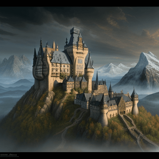 AI generated: Medieval German castle, surrounded by mountains, high fantasy, epic, digital art, realism, Surrealis...