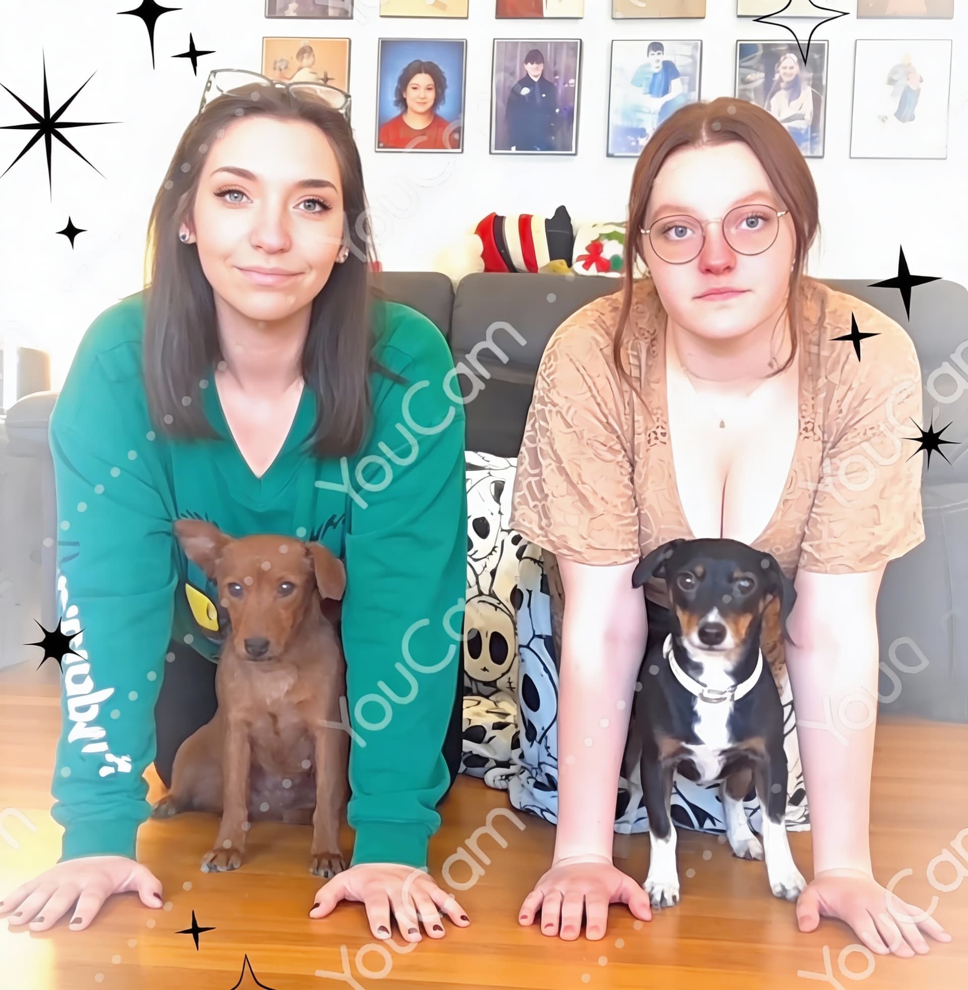AI generated: the two women on a wooden floor on their hands and knees. they are facing straight into the camara. ...