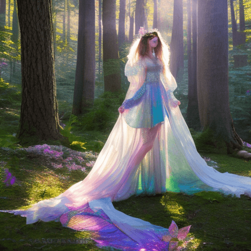 AI generated: A secluded clearing bathed in dappled sunlight streaming through ancient, towering trees,(Magical Gi...